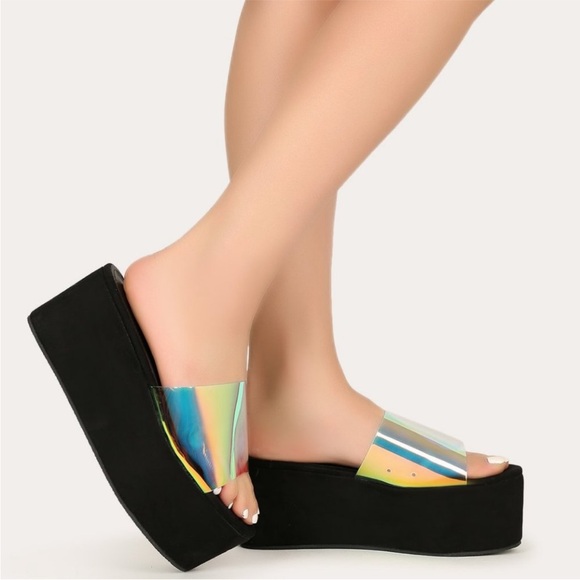Dolls Kill Shoes - Dolls Kill x Lady Go Diva Holographic Iridescent Black Suede Platform Sandals